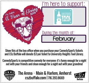 Download and print this coupon or pick one up at the Tool Library and bring it to any COmedySportz show in Feburary to help us raise funds!